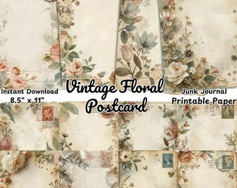 Strony dziennika ze starymi kwiatowymi pocztówkami | Ephemera ze starych znaczków | Album ze scrapbookingiem w stylu shabby chic z botaniczną ramką