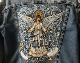 Naszywka z aniołem wiary PNG, sztuczny haft barokowy, królewski dżinsowy błękit i srebro, chrześcijańska sublimacja