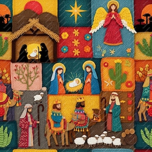 May include: A colorful, patchwork-style illustration depicting a Nativity scene. The image features a star, an angel, cacti, and the three wise men. The artwork is composed of various textured squares in shades of blue, yellow, orange, and green.