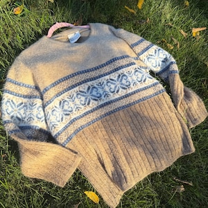 Jersey de punto vintage con estampado de insectos estilo Fair Isle – Jersey de punto marrón y azul – Talla grande