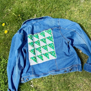 Handmade Patchwork Denim Jacket | Vintage Quilt Block Jean Jacket, Upcycled Statement Piece