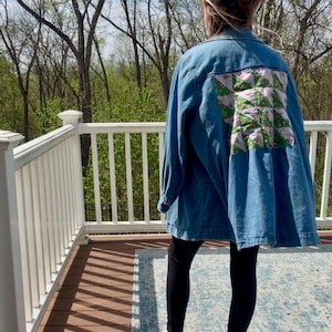 Handmade Patchwork Denim Jacket | Vintage Quilt Block Jean Jacket, Upcycled Statement Piece