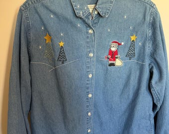 Vintage Christopher & Banks Christmas Denim Shirt, Embroidered Santa Holiday Button Down, Size Medium