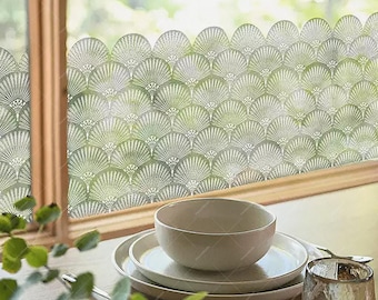 Película para ventanas con forma de abanico, pegatina decorativa vintage para privacidad, estática, no adhesiva, reutilizable.