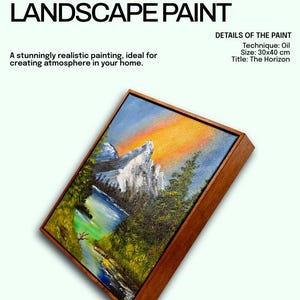 Puede incluir: Una pintura al óleo titulada "The Horizon" representa un paisaje de montaña abstracto. La obra de arte, que mide 30x40 cm, presenta una cordillera, un río y árboles, con un cielo colorido. La pintura está enmarcada en un marco de madera.