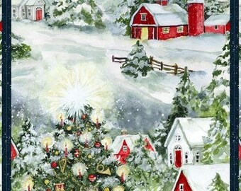 Winter Hollow "Silent Night" Panel, Susan Winget by Wilmington Prints, Christmas Night, Snow, Country Church, Village, Barn, Christmas Tree
