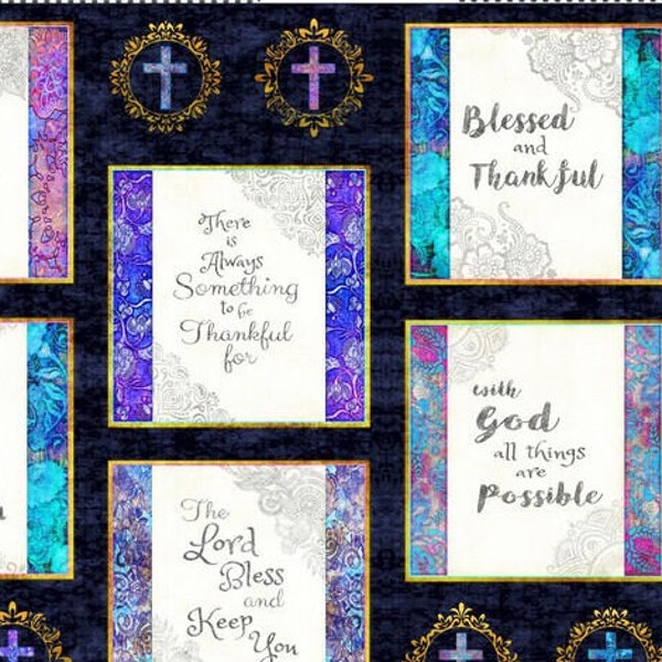 FAITH Cotton Fabric Panel by Don Morris for Quilting Treasures 24" x 43" to Sew or Quilt, Navy/Black