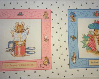 Beatrix Potter Peter Rabbit, "Benjamin Bunny & "The Tailor of Gloucester" Cotton Pillow / Fabric Panel,  1992, Vintage 17.5” x 45”