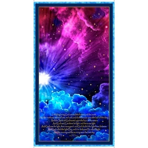 May include: A vibrant artwork depicting a celestial scene with a bright light emanating from the center, surrounded by swirling clouds in shades of purple, pink, and blue. The image includes text from Genesis 1:1-5, framed with a blue border.