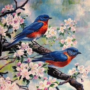 SONG BIRDS Cotton Fabric Panel by Abraham Hunter for P&B Textiles, #04320, to Sew or Quilt, 25.25” x 42”,Bluebirds, Hummingbirds, Finches