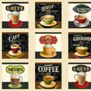 COFFEE MOMENT Lisa Audit for Wilmington Prints, Cotton Hot Pad Fabric Panels, Latte, Cappuccino, Espresso, Mocha, to Sew or Quilt