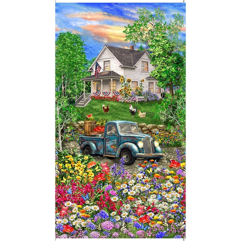 May include: A colorful illustration of a farmhouse scene. A blue vintage truck is loaded with produce, parked in front of a white house with an American flag. The scene is surrounded by a vibrant flower garden and a sunset sky.