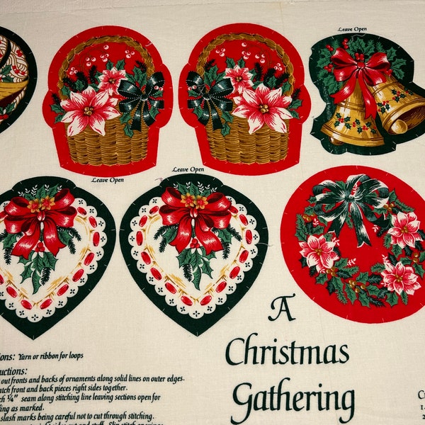 Vintage CHRISTMAS ORNAMENTS FABRIC Cut & Sew, Wamsutta Hallmark, Candle, Wreath, Bell, Heart, Basket, Rare