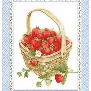 STRAWBERRY GARDEN Cotton Fabric Panel by Jane Shasky for Henry Glass, 509P, Basket of Strawberries Panel to Sew or Quilt, 23&quot; x 43&quot;