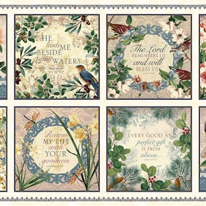 May include: A decorative fabric panel featuring eight rectangular designs with floral and botanical illustrations, butterflies, and inspirational text. The color palette includes soft blues, yellows, and greens.