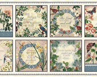 May include: A decorative fabric panel featuring eight rectangular designs with floral and botanical illustrations, butterflies, and inspirational text. The color palette includes soft blues, yellows, and greens.