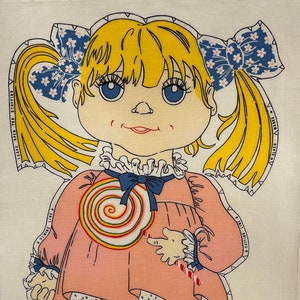 Vintage Girl with Lollipop, Blonde Hair Ponytails, Bows, Pink Dress, Cut & Sew Doll/ Pillow Fabric Panel to Sew, 1970's, Rare