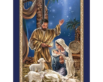 Christmas Nativity Cotton Fabric Panel by Dona Gelsinger for Timeless Treasures Fabrics of Soho, DG-CD2015, Manger Scene, to Sew or Quilt