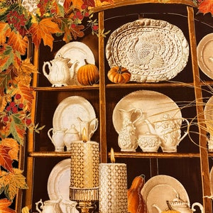 Thanksgiving Harvest Cotton Fabric Panel “Harvest” by Timeless Treasures, Pumpkin, Turkey, Squash 24” x 43” Metallic Accents
