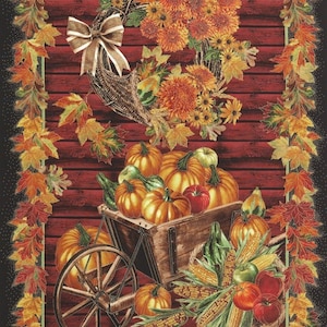 Timeless Treasures Harvest Fabric Panel, 23&quot; x 44&quot;, Harvest, Pumpkins, Leaves, Apples, Corn, Black-eyed susans, Fall Decor, metallic accents