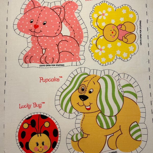STRAWBERRY SHORTCAKE Doll/Pillow Fabric Panel, Cut & Sew, 1980, Springs Mills, Pupcake, Custard, Marmalade the Butterfly, Lucky Bug, Rare