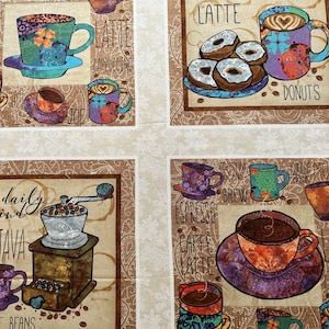 COFFEE Cotton Fabric Panel “Coffee Break” Alexa Kate by Studio E, 24” x 44”, Coffee, Donuts, Latte,#4440