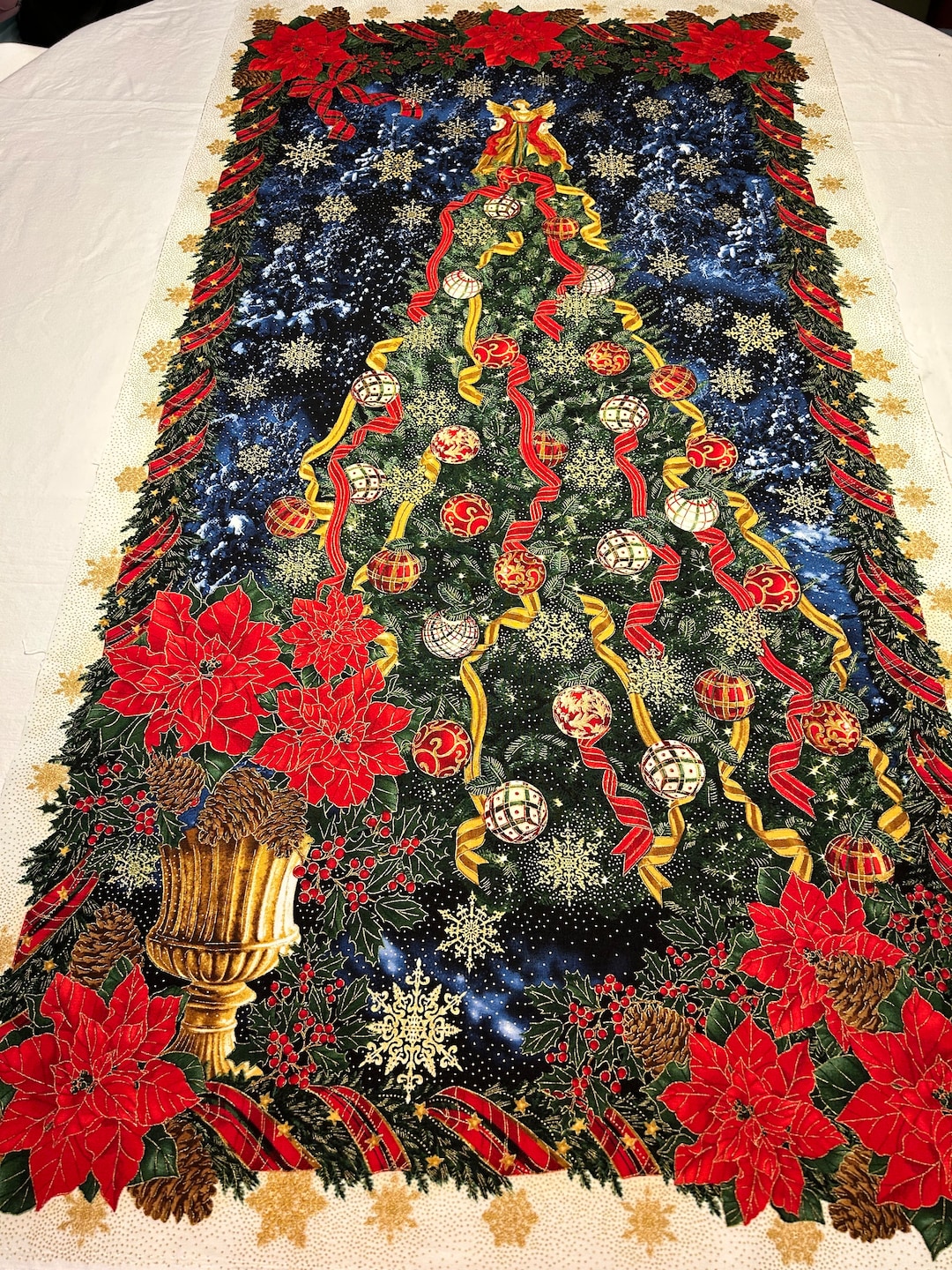 Christmas Tree Fabric Panel, Timeless Treasures, Gold Metallic Accents