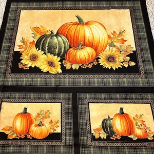 Autumn Elegance - Pumpkin, Sunflower,  Metallic Fabric Panel  Jackie Robinson for Benartex, New for you to quilt or sew, 23&quot; x 44&quot;