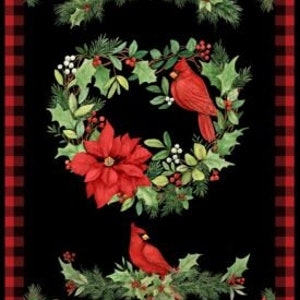 May include: A fabric panel featuring a black background with a red and black buffalo plaid border. The design includes red poinsettias, green holly, and a red cardinal bird. The central design is a wreath with a cardinal.