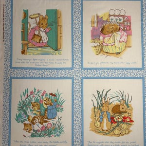 May include: Fabric panel featuring four illustrated scenes from a children's story. Each square has a blue border and text. The illustrations depict animals in domestic settings, including a mouse, hedgehog, and rabbits. The background is white with a blue floral pattern.