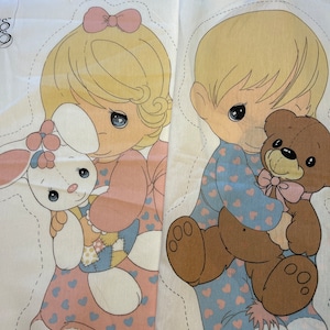 Precious Moments Girl with Bunny & Boy with Teddy Bear Fabric Panel, Cut and Sew to make 2 Soft dolls, pillows, Vintage 1985