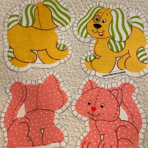STRAWBERRY SHORTCAKE Doll/Pillow Fabric Panel, Cut & Sew, 1980, Springs Mills, Pupcake and Custard,  Pre-cut, Rare