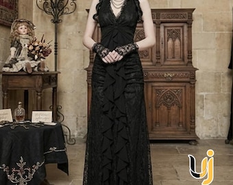 Vestido largo negro con cuello halter / Estilo grunge sin mangas, corte ajustado / Prenda exterior gótica elegante