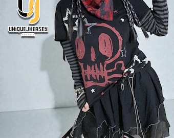 Women's Gothic Graphic Top | Striped Layered Long Sleeve Shirt | Y2K Grunge Streetwear Fashion