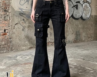 Cargo Flare Jeans | Low Waist Denim Pants | Chic Y2K Grunge Streetwear