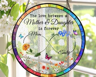 Mother Daughter Suncatcher, Stained Glass Forever Love Art, Mom Gift (Glass)