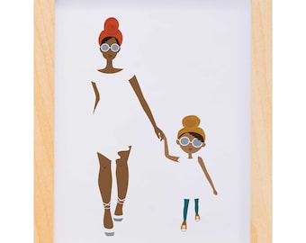 May include: A framed illustration of a woman and a girl wearing head wraps and sunglasses. The woman is wearing a white dress and the girl is wearing a white dress with blue pants. They are holding hands and walking.