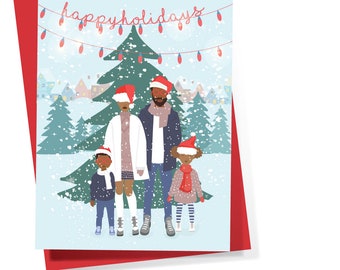 Black Family Christmas Art Print, Black Greeting card, African American Christmas