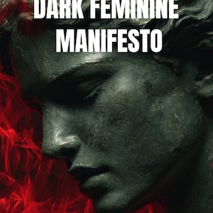 May include: A book cover featuring a dark green, weathered stone sculpture of a human face in profile. The text reads By K.L., DARK FEMININE MANIFESTO, and VELVET DOMINION. Wisps of vibrant red smoke or fabric swirl around the base and left side.
