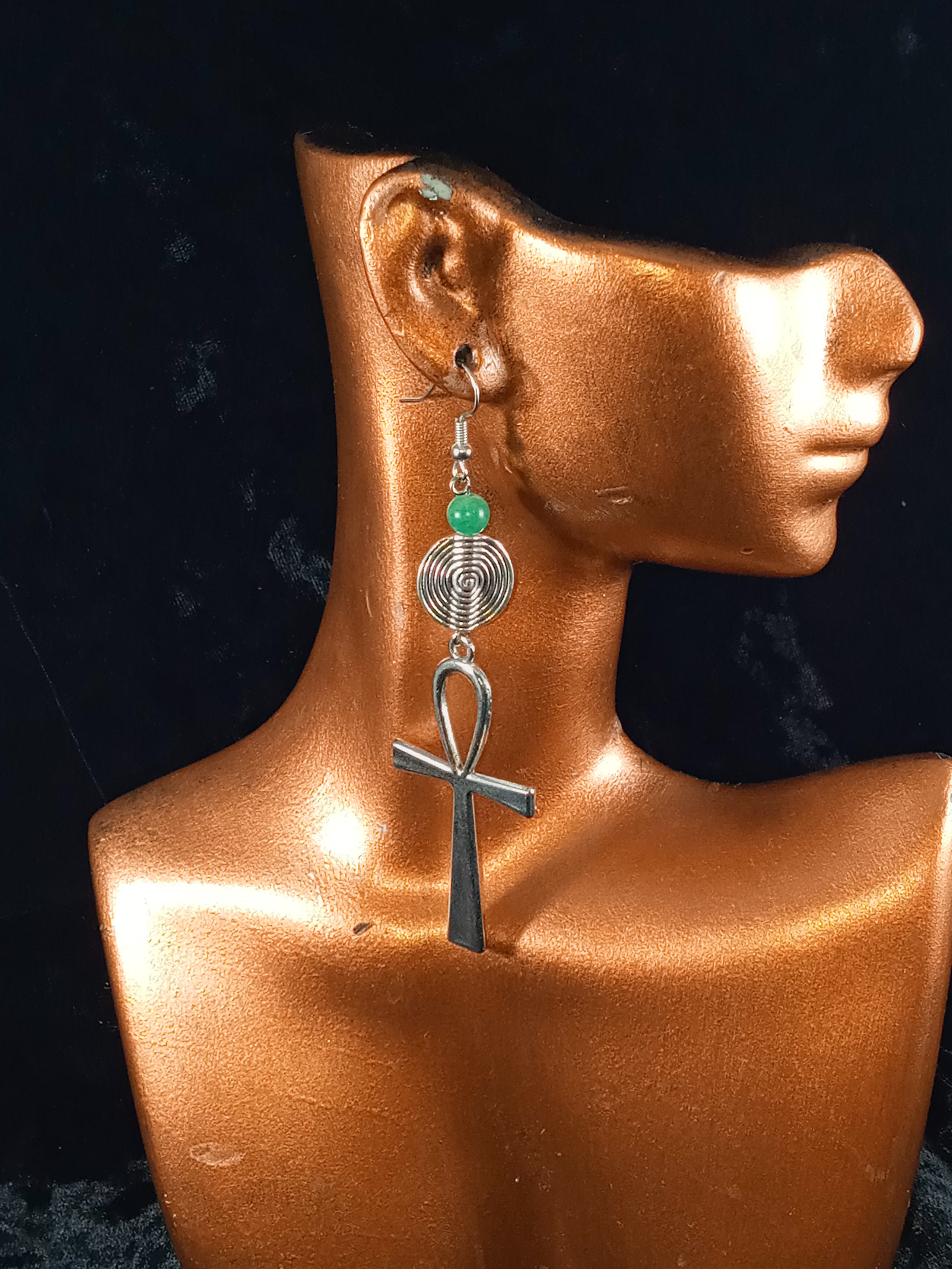 Grünes Jade-Silber-afrikanisches Schild Ankh, ägyptisches Symbol, handgefertigt, versilbert
