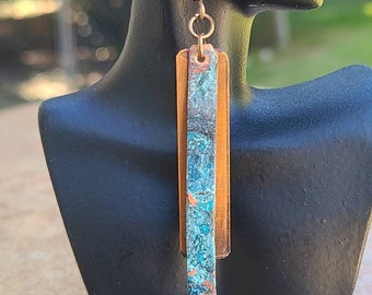 Long Patina Stick Earrings, Bohemian Stick Earrings, Layered Copper Earrings