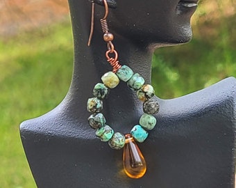 African Turquoise and Amber Teardrop Earrings