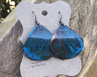 Patina Teardrop Earrings, Copper Teardrop Earrings , Blue Patina