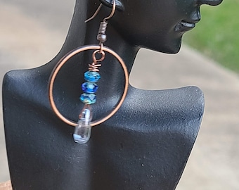 Blue green earrings, Copper hoop earrings, Rustic earrings, Boho earrings, Artisan earrings,