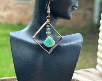 Square Copper Hoops with Turquoise Briolette Beads