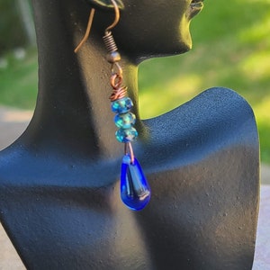 Blue Sapphire Copper Earrings: Wire Wrapped Bohemian Jewelry