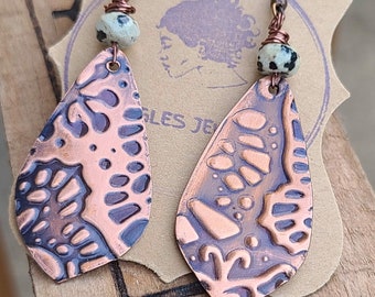 Embossed Earrings, Copper Earrings, Patina Earrings, Dalmatian Beaded Earrings