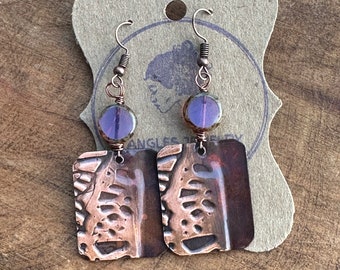 Rectangle Embossed Earrings, Embossed Copper Earrings,