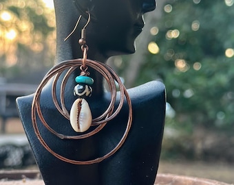 Cowrie Shell Copper Hoop Earrings: Rustic Ethnic Jewelry
