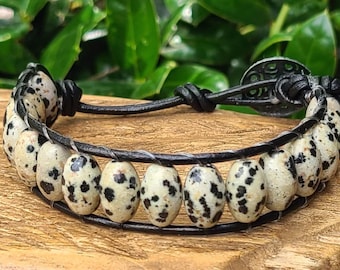 Leather Beaded Bracelet, Barrel Bead Bracelet, Dalmatian Barrel Beaded Leather Bracelet